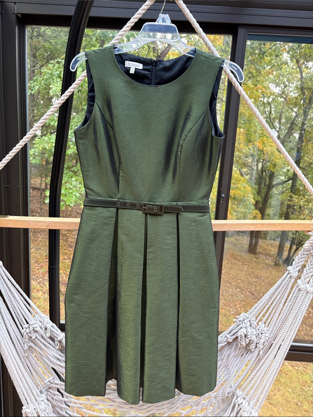Madison Olive Green Sleeveless Belted A-Line Dress